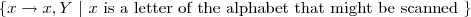 $\{x \rightarrow x, Y\ |\ x$ is a letter of the alphabet that might be scanned $\}$