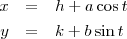 
\begin{eqnarray}
x &=& h + a \cos t \nonumber\\
y &=& k + b \sin t \nonumber
\end{eqnarray}
